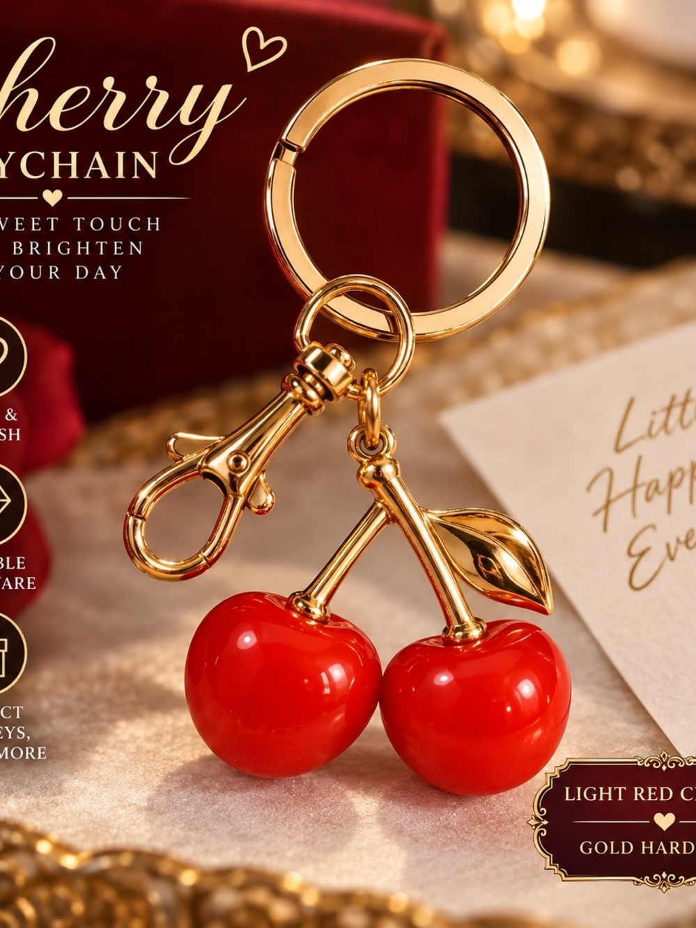 Gold Cherry Keychain with Light Red Enamel Cherries
